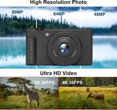 5K 4K Digital Camera Flip Screen 80MP Photography Camera, 18X Digital Zoom Autofocus Anti-Shake Compact Travel Point Shoot Digital Cameras for Teens, Beginners, Vlogging Camera for YouTube