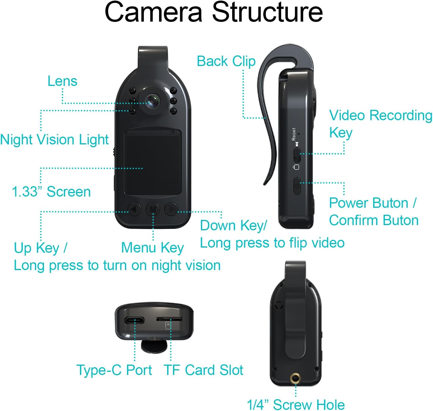Body Camera Clip Video Cam 1600P HD with Display and 128GB Memory Card, Wide Angle, Night Vision, Compact Body Worn Cameras for Civilians Personal Security Police Law Enforcement