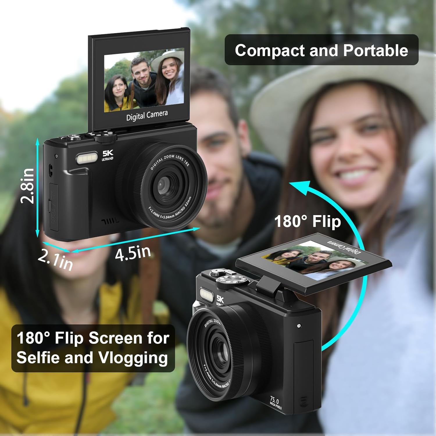 5K 4K Digital Camera for Photography, 75MP Photography Camera with Flip Screen 18X Zoom Autofocus 2 Batteries 32GB Card, Compact Travel Point and Shoot Digital Cameras for Beginners Teens