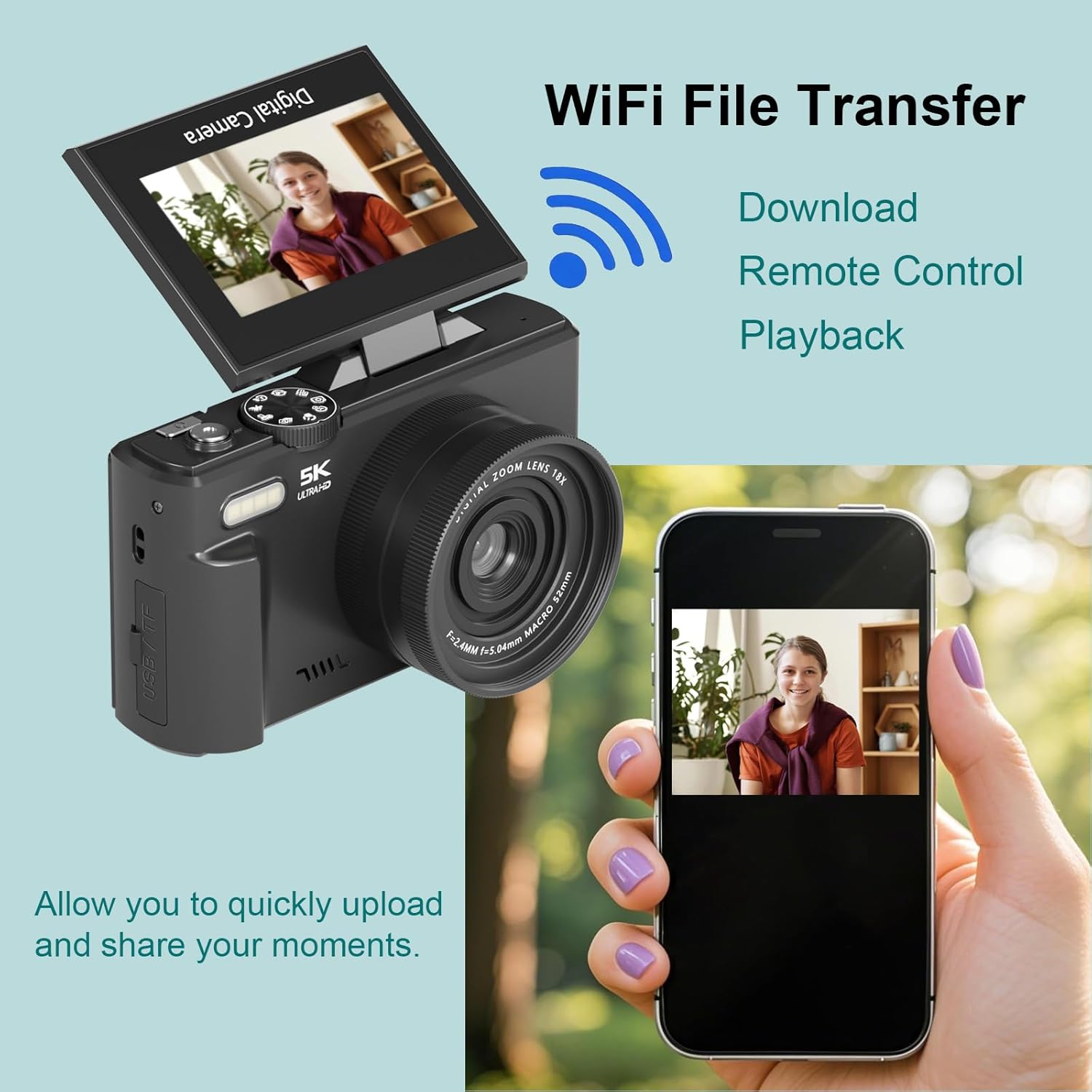 5K 4K Digital Camera for Photography, 75MP Photography Camera with Flip Screen 18X Zoom Autofocus 2 Batteries 32GB Card, Compact Travel Point and Shoot Digital Cameras for Beginners Teens