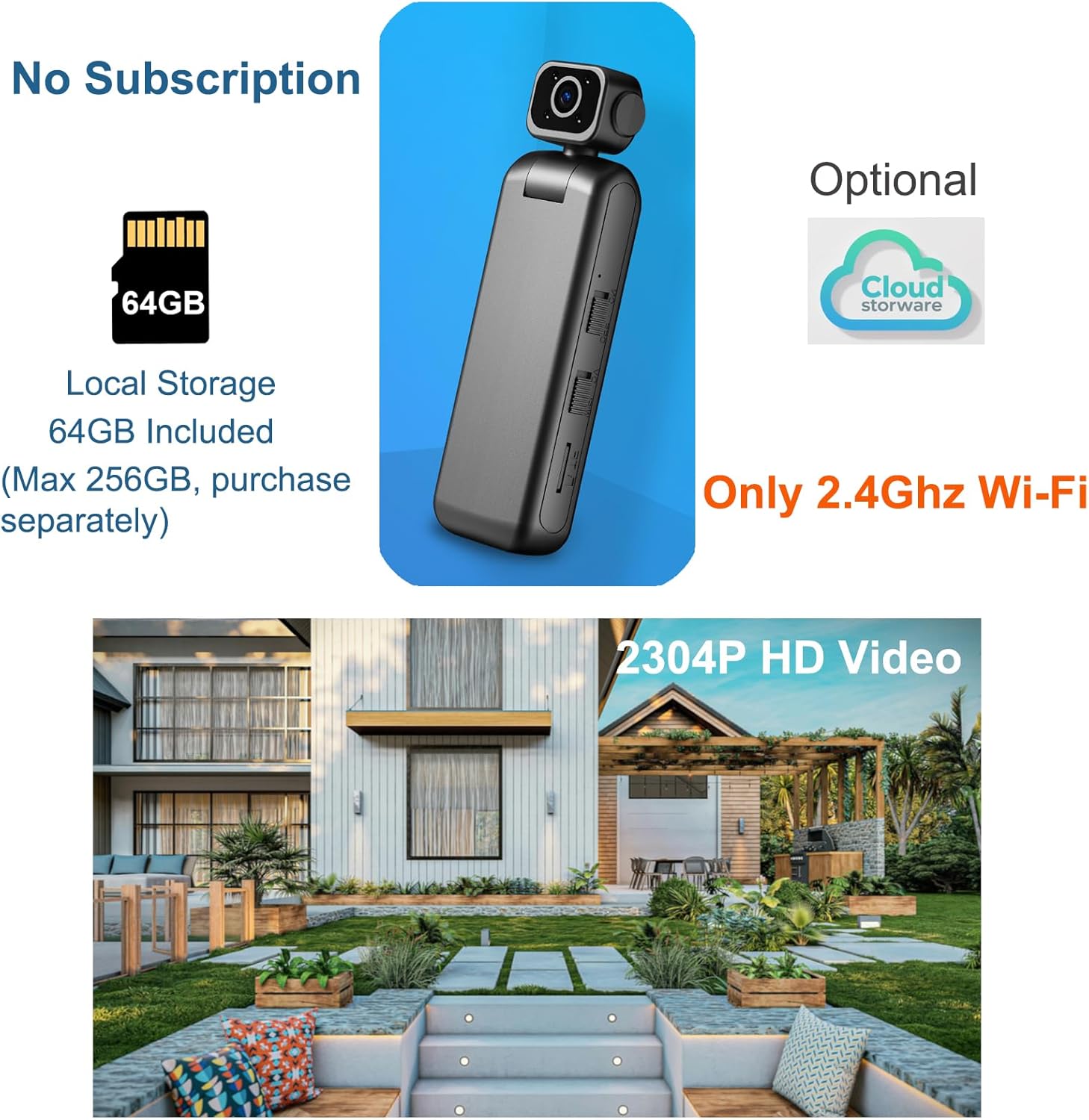 2K Window Camera, Clip on Body Camera, Wireless 2.4GHz WiFi Window Cameras for Home Security, Night Vision Motion Detection Dual Rotations Wide Angle 64GB Card Indoor Window Security Camera