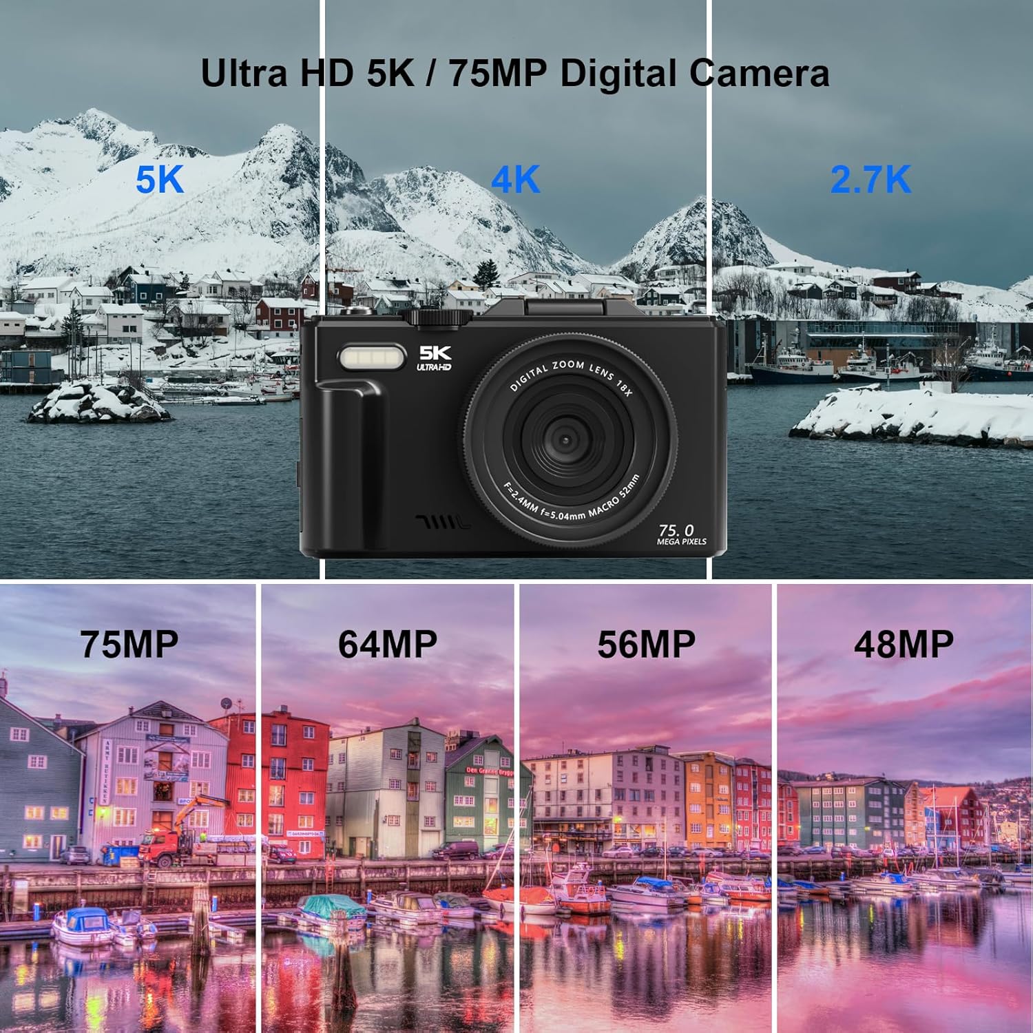 5K 4K Digital Camera for Photography, 75MP Photography Camera with Flip Screen 18X Zoom Autofocus 2 Batteries 32GB Card, Compact Travel Point and Shoot Digital Cameras for Beginners Teens