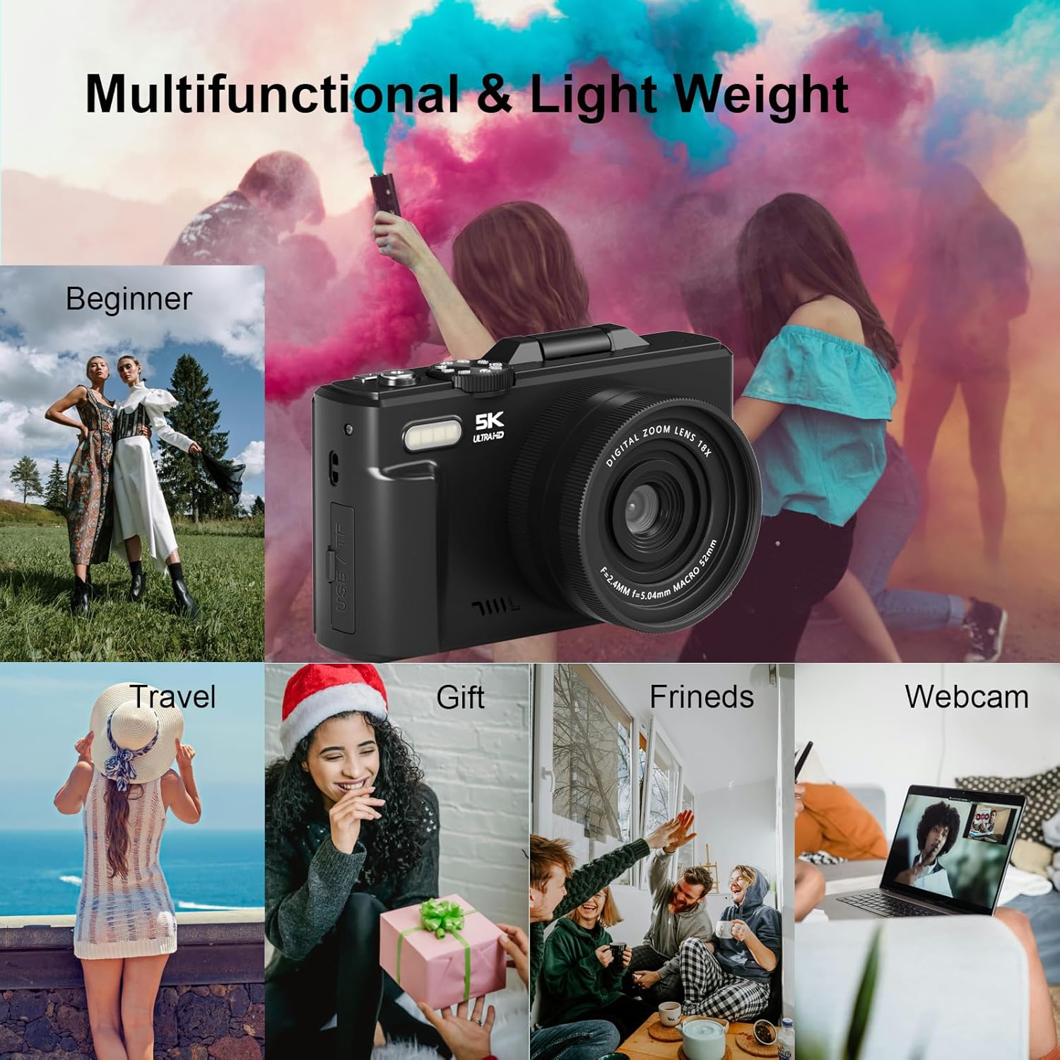 5K 4K Digital Camera for Photography, 75MP Photography Camera with Flip Screen 18X Zoom Autofocus 2 Batteries 32GB Card, Compact Travel Point and Shoot Digital Cameras for Beginners Teens